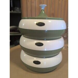 Vintage Avocado Green & White Pagoda Stacking Canister Set Plastics Consolidated